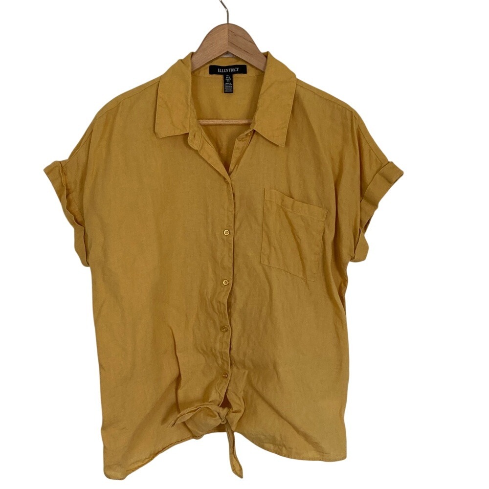 Ellen Tracy Womens Short Sleeve Linen Button-Up Shirt Size L Mustard Yellow
